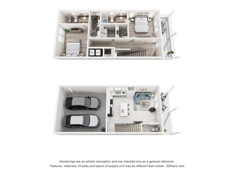 Floor plan for 2 beds, 2.5 baths, 1286 sqft